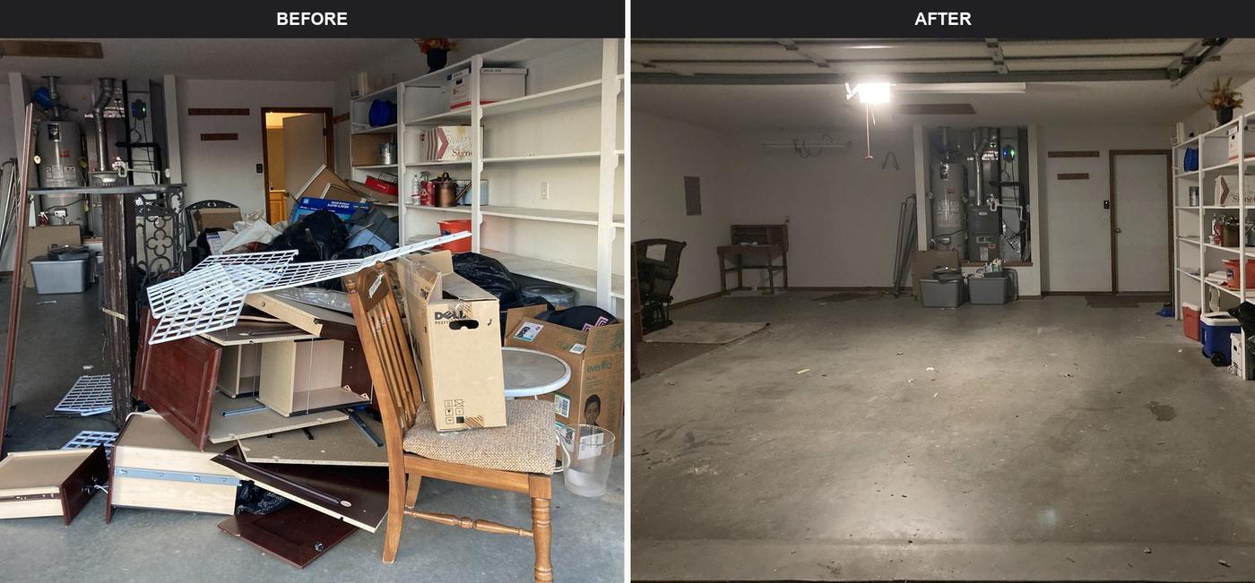 Before and after garage cleanout for a property turnover